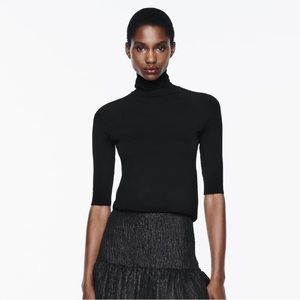Zara High Collar Knit Sweater Elbow Length Sleeve Black Size S
